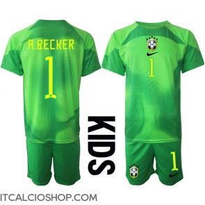 Brasile Alisson Becker #1 Portiere Seconda Maglia Bambino Mondiali 2022 Manica Corta (+ Pantaloni corti)